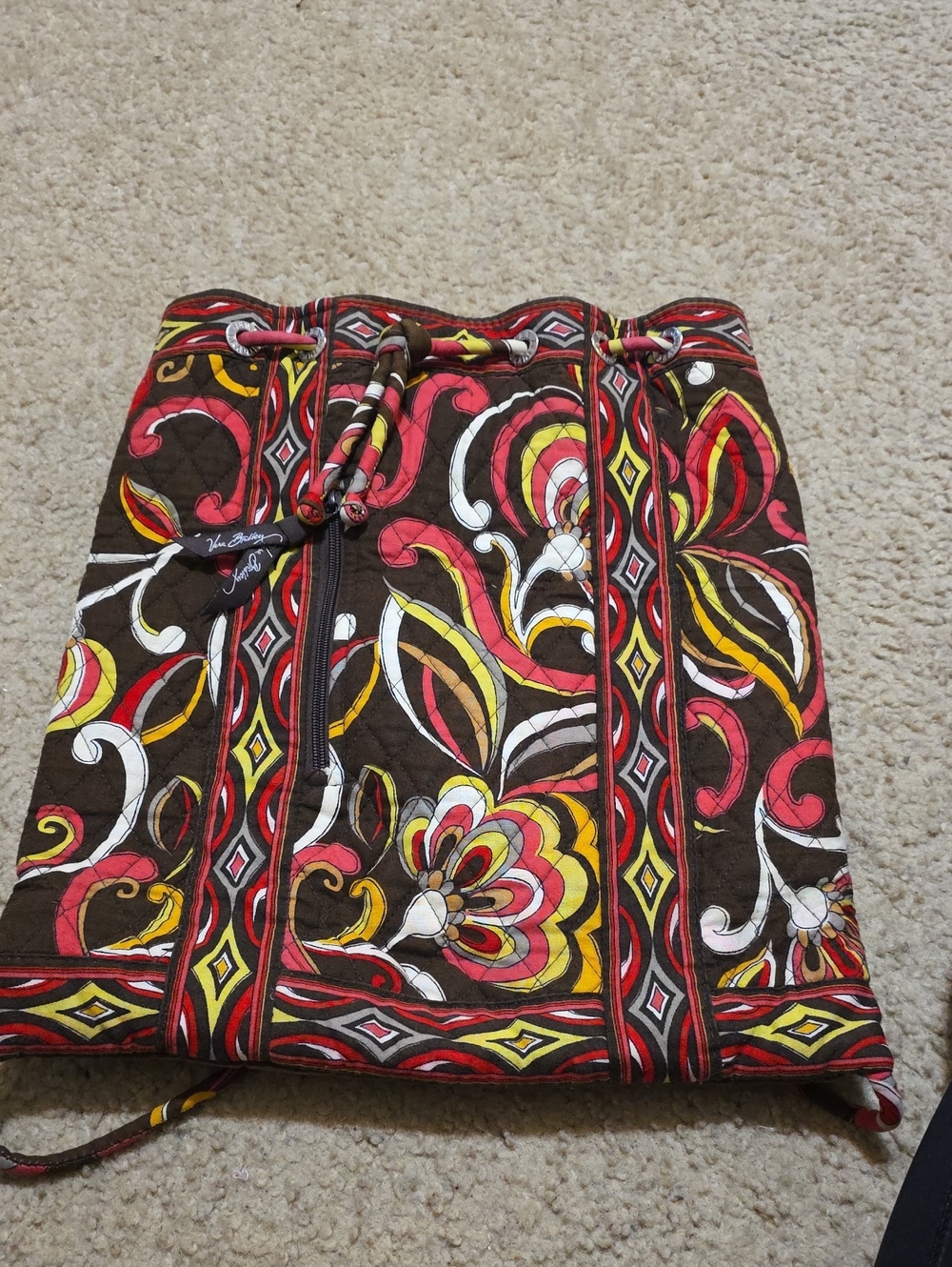 Vera Bradley Brown Floral Drawstring Quilted Backpack - Multicolor Print